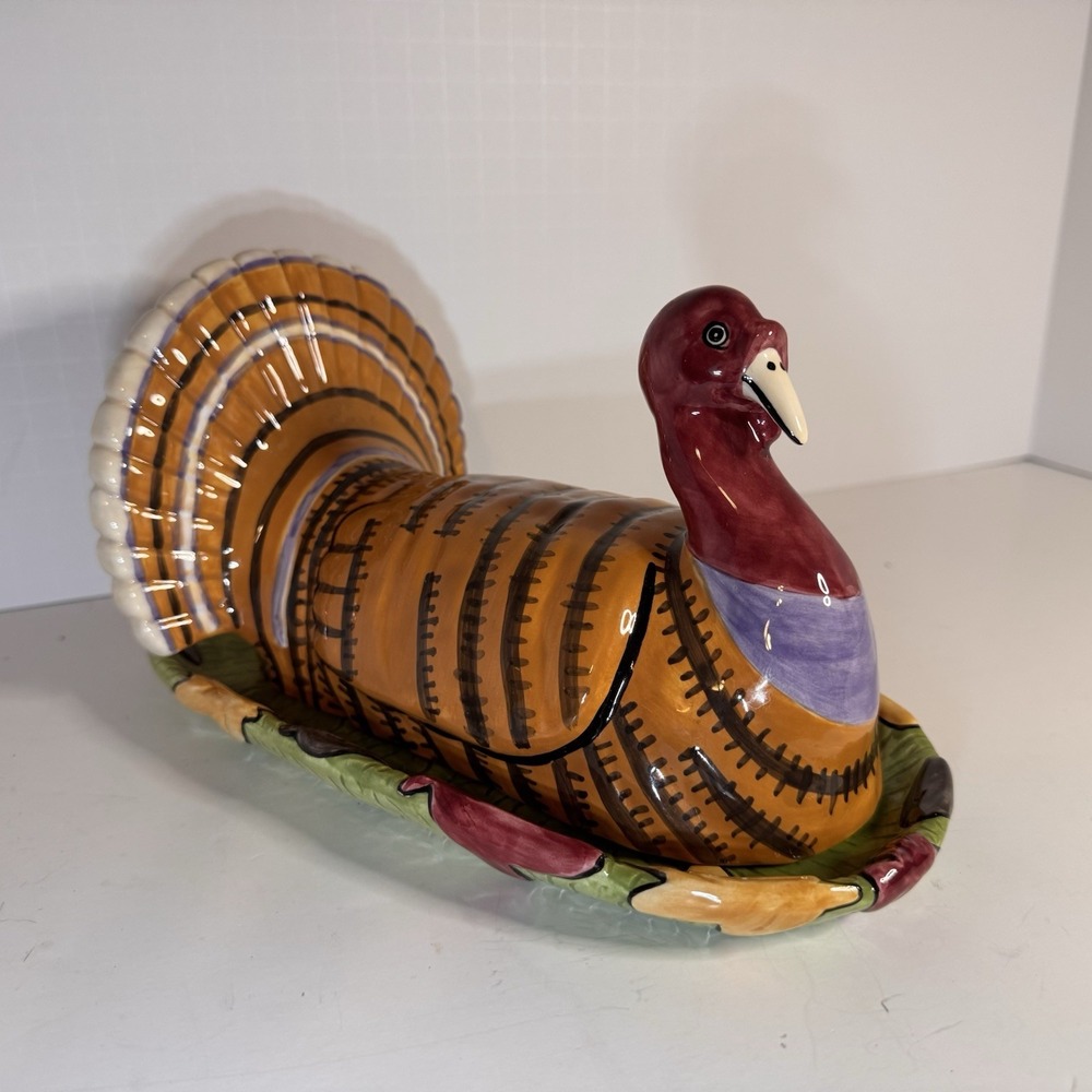 VTG Department 56 Turkey Butter Dish Thanksgiving Harvest Leaves Autumn Mint - Picture 2 of 8